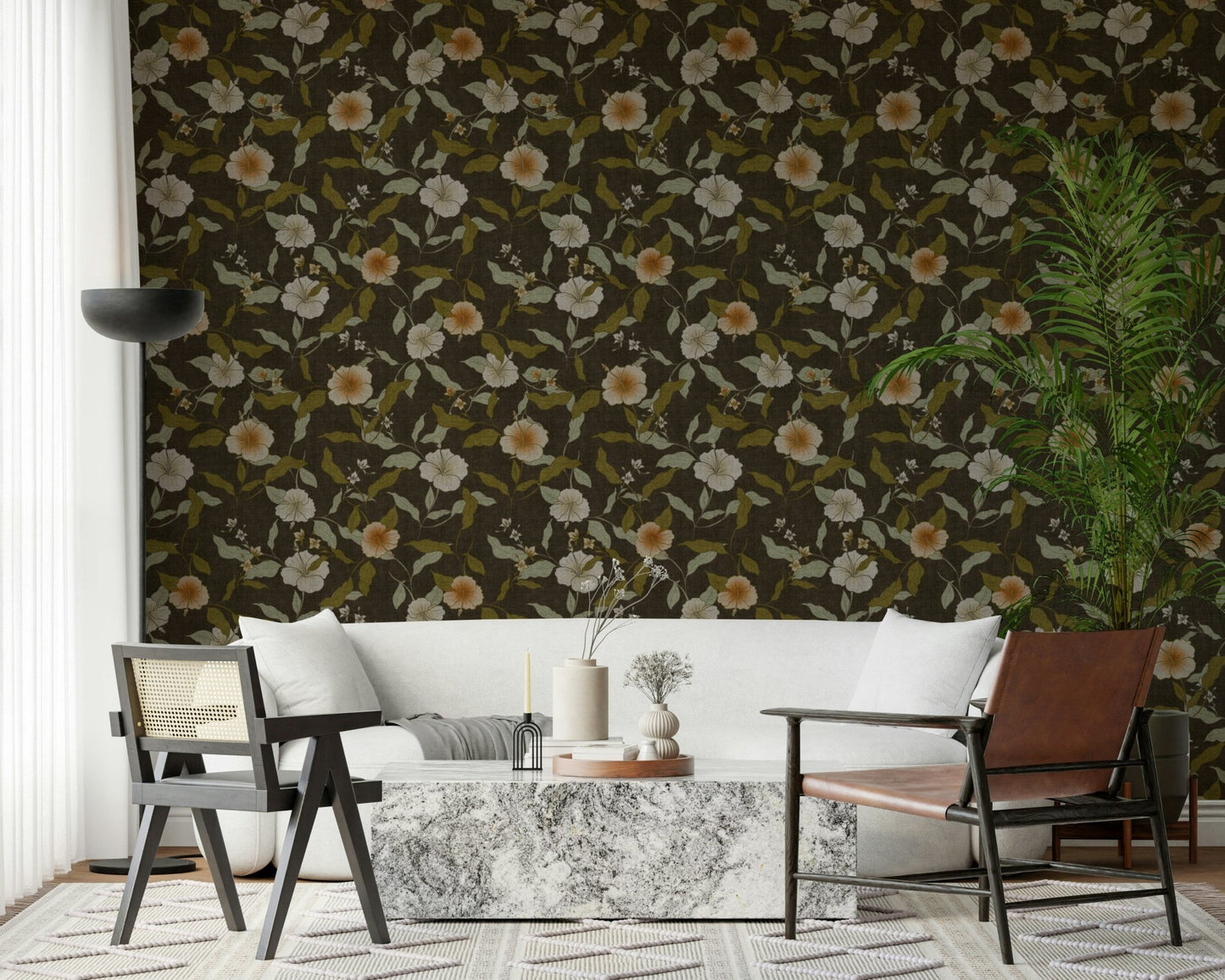 Wide perspective showing Faded Tropical Floral Wallpaper repeating design.