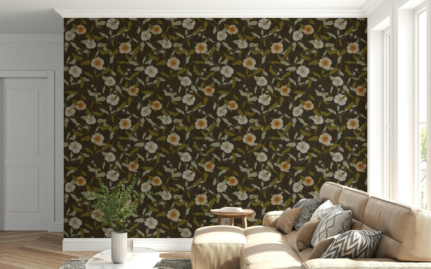 Layered faded blossoms give depth to Faded Tropical Floral Wallpaper pattern.