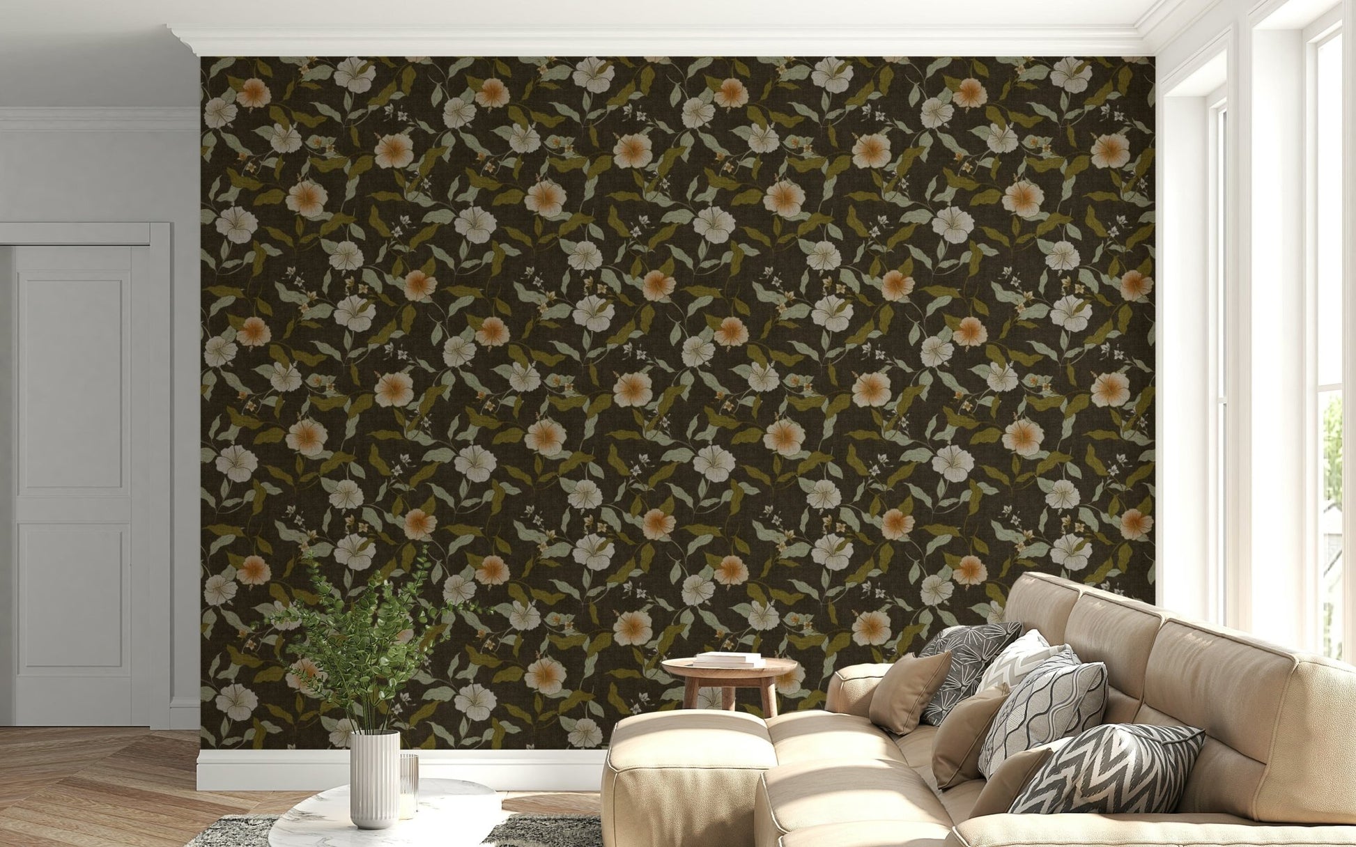 Layered faded blossoms give depth to Faded Tropical Floral Wallpaper pattern.