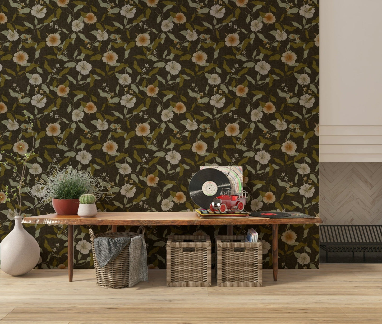 Symmetrical tropical leaves on Faded Tropical Floral Wallpaper mural.