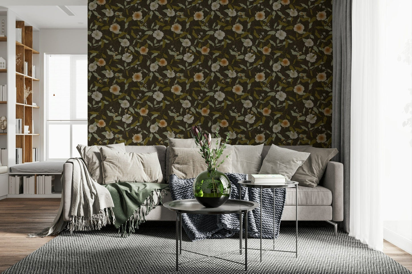 Artistic delicate white flowers on Faded Tropical Floral Wallpaper wallpaper.