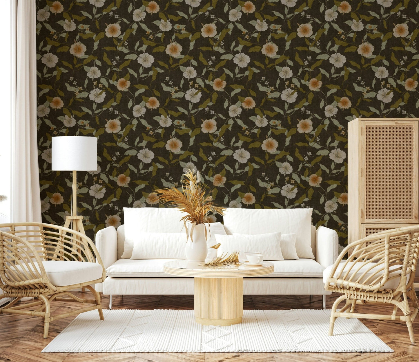 Dark moody floral pattern of Faded Tropical Floral Wallpaper.