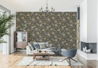Deep brown background defines Faded Tropical Floral Wallpaper for walls.