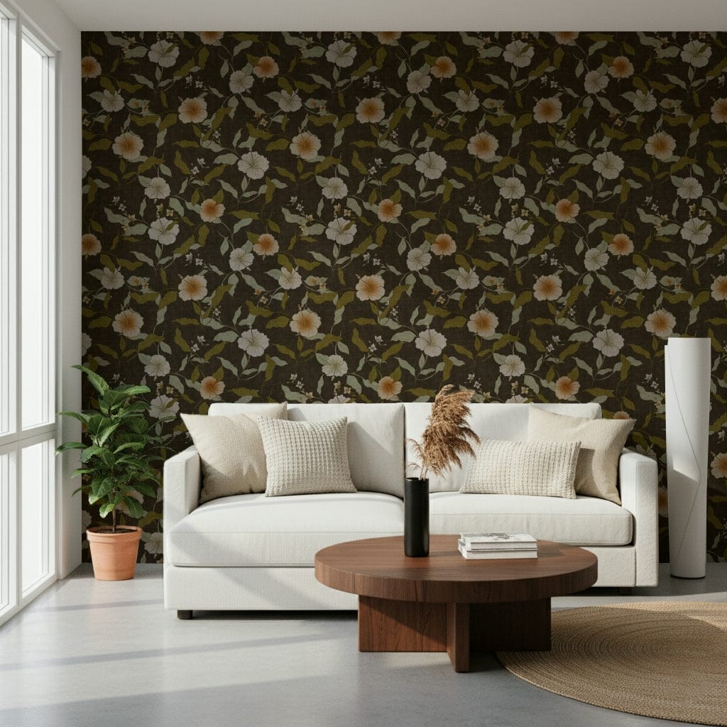 Vintage hibiscus bloom motif on Faded Tropical Floral Wallpaper mural art.