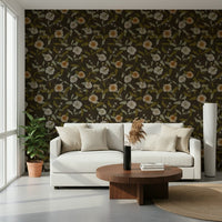 Vintage hibiscus bloom motif on Faded Tropical Floral Wallpaper mural art.