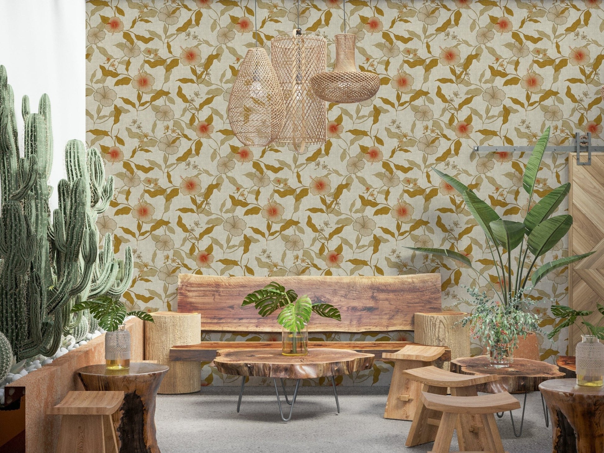 Textured fabric Faded Tropical Floral Timeless wallpaper warm colors.