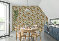 Vintage style hibiscus peel and stick wallpaper natural leaves pattern.