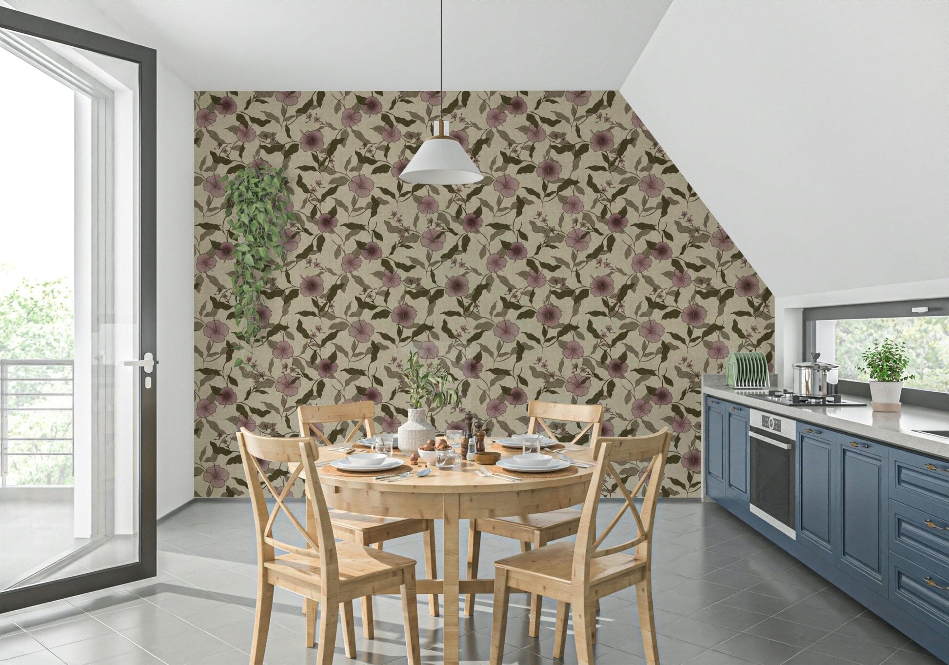 Classic Faded Tropical Floral Vintage accent wallpaper walls.