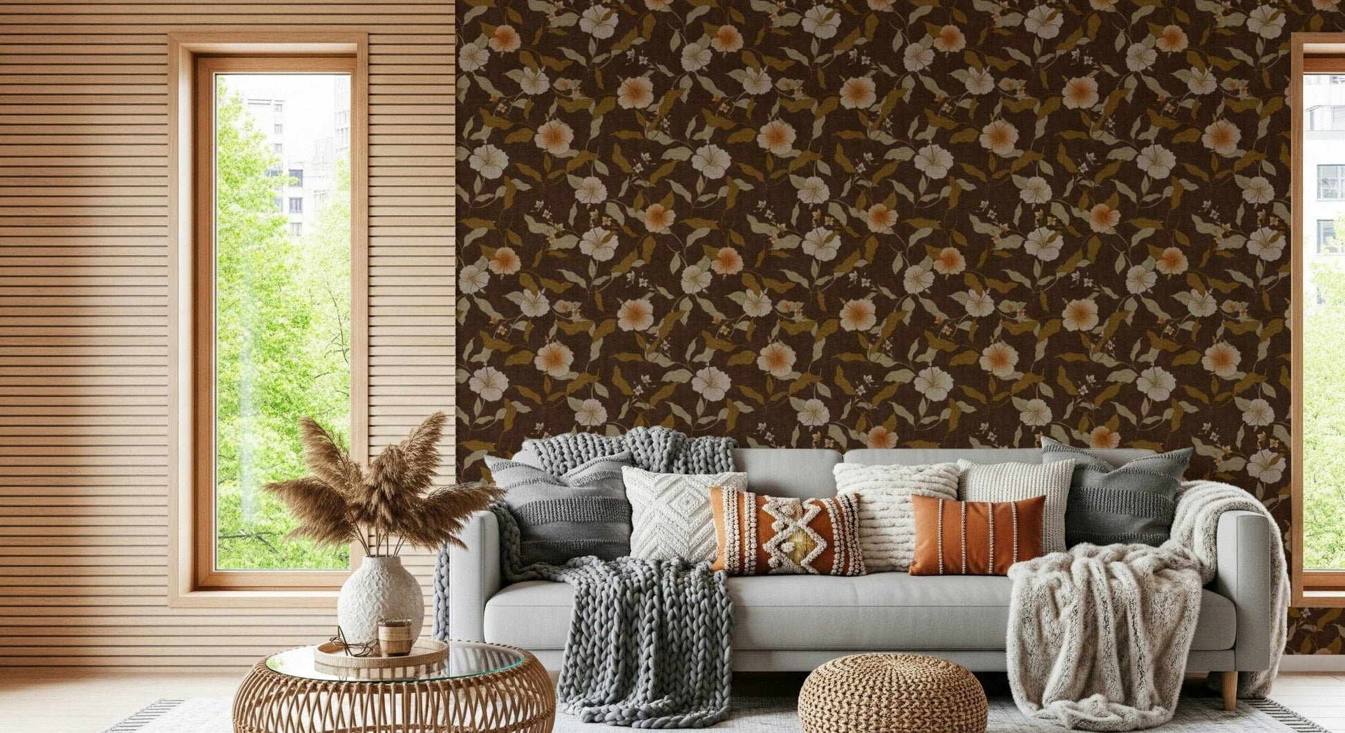Peel and stick Faded Tropical Floral Warm Vintage design, moody.