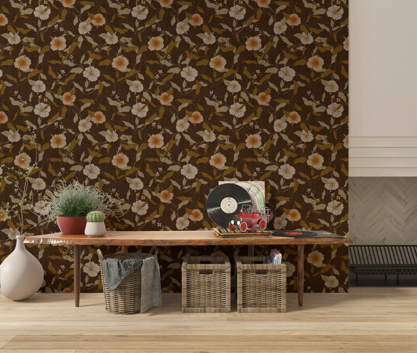 Aesthetic wall art Faded Tropical Floral Warm Vintage mural, dreamy style.