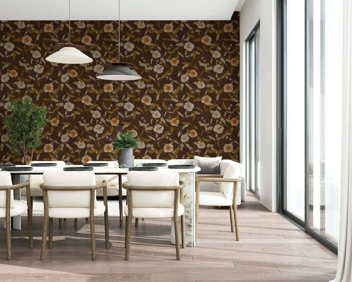 Subtle botanical Faded Tropical Floral Warm Vintage decor, stylish wall.