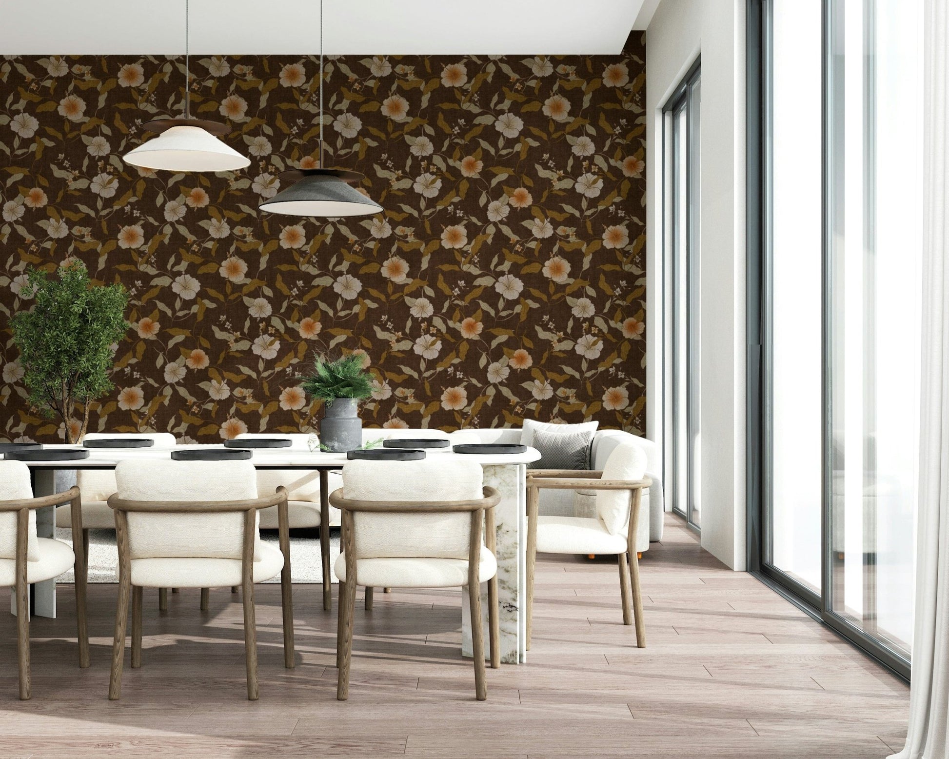 Subtle botanical Faded Tropical Floral Warm Vintage decor, stylish wall.