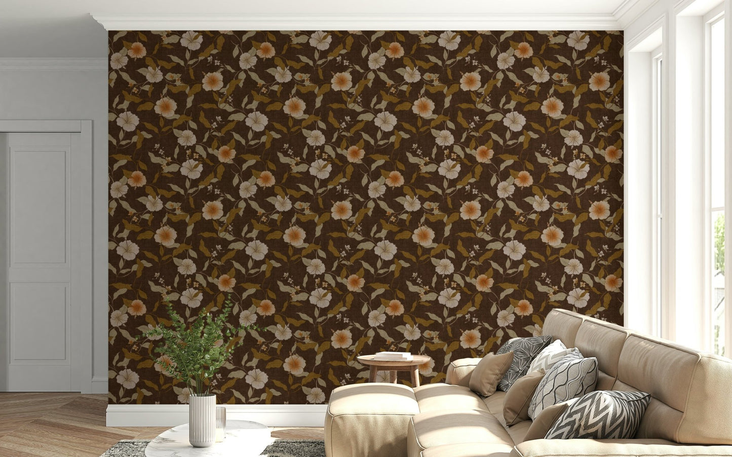Gorgeous Faded Tropical Floral Warm Vintage wallpaper, dark background.
