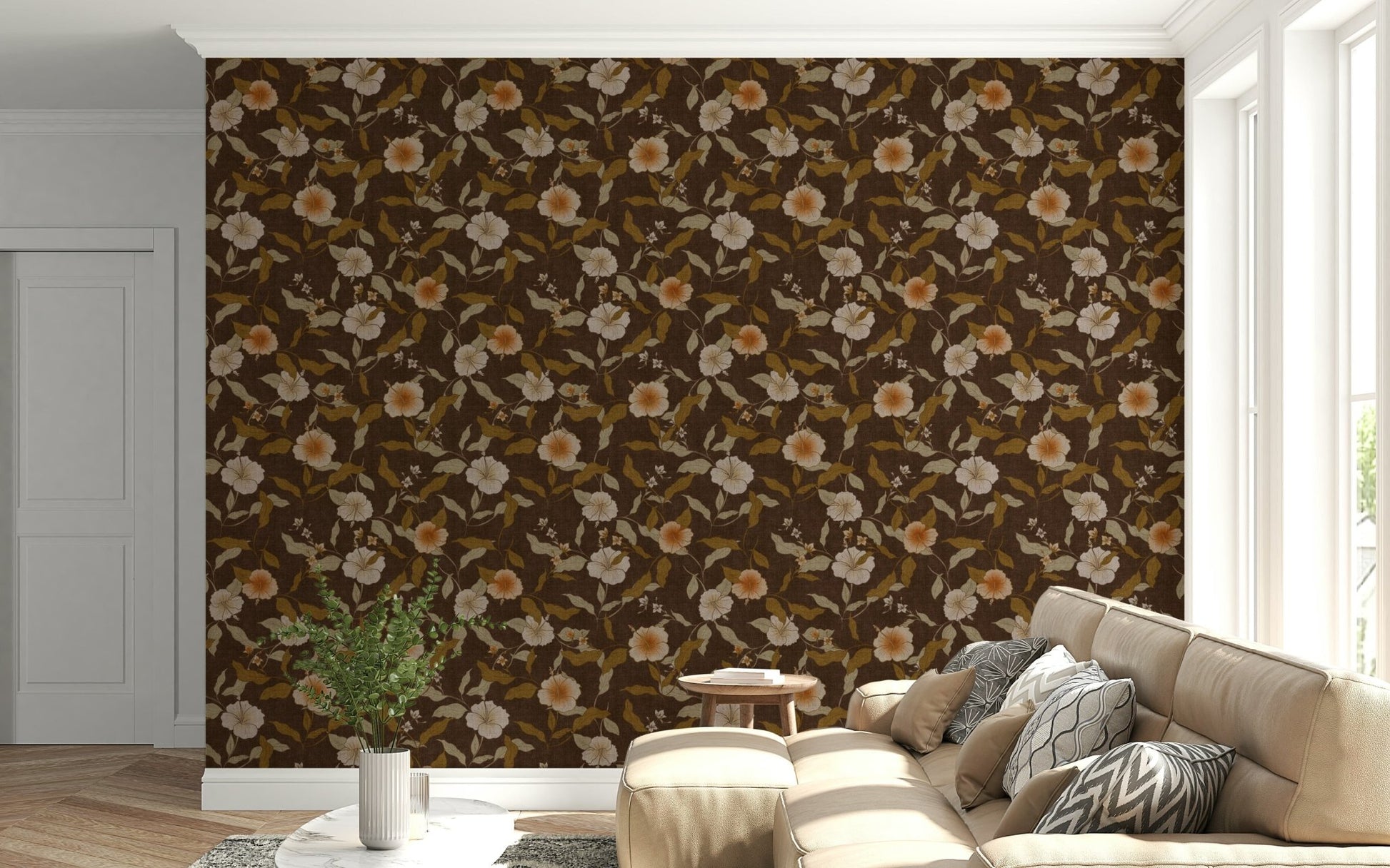 Gorgeous Faded Tropical Floral Warm Vintage wallpaper, dark background.