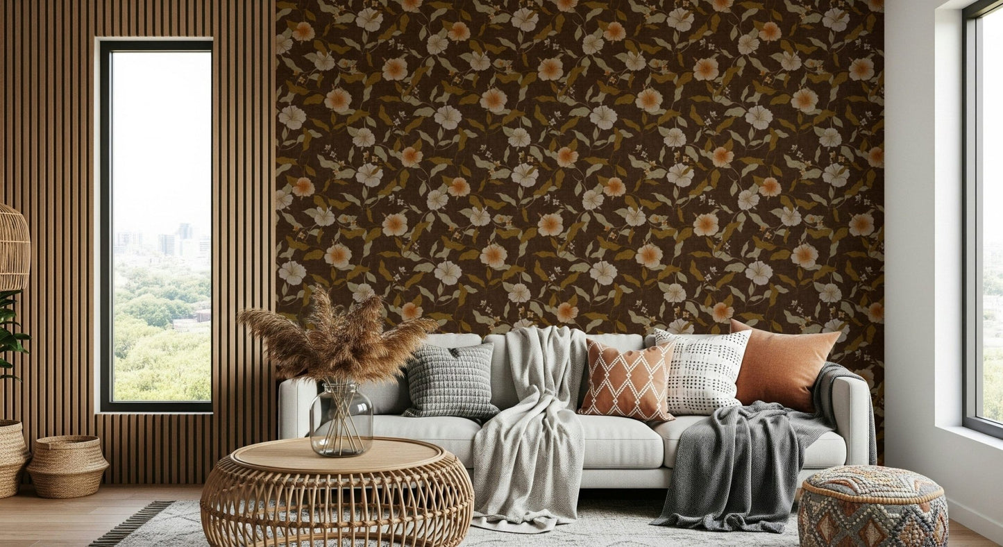 Warm brown wallcovering, Faded Tropical Floral Warm Vintage pattern.