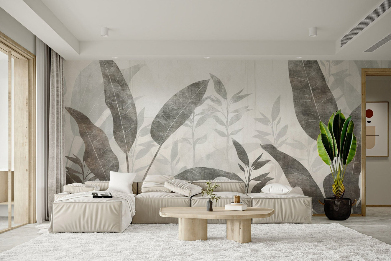 Faded tropical leaves wallpaper design
