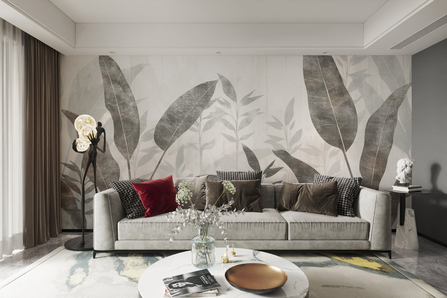 Muted leaf print wallpaper for interiors
