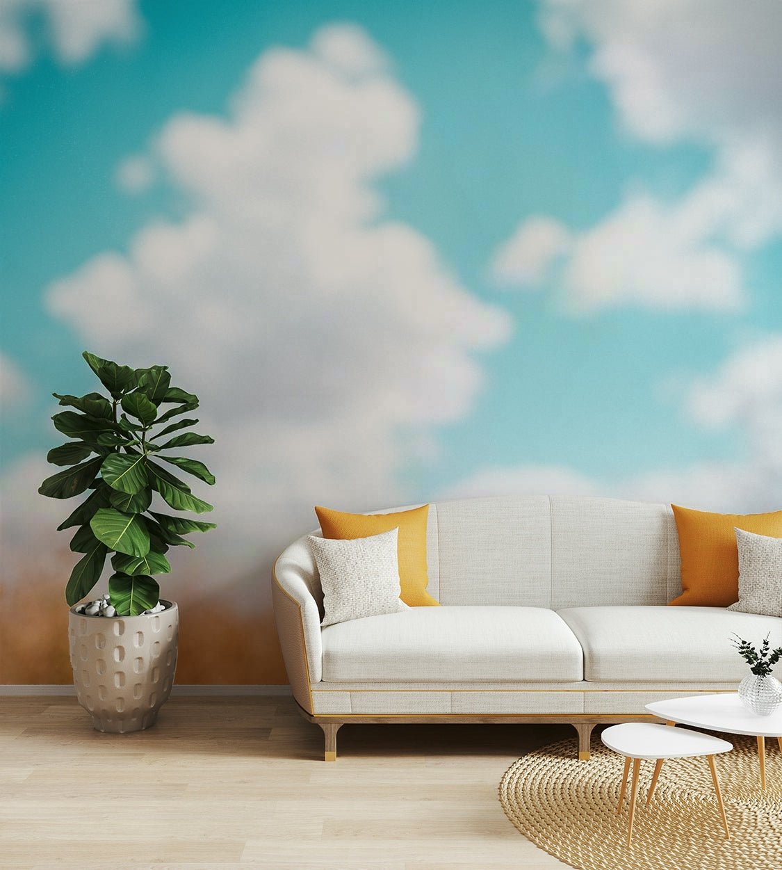 A minimalist home office with the abstract sky wallpaper., GD4564