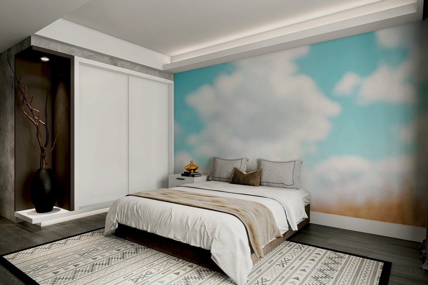 A bedroom with the wall mural behind the headboard., GD4564