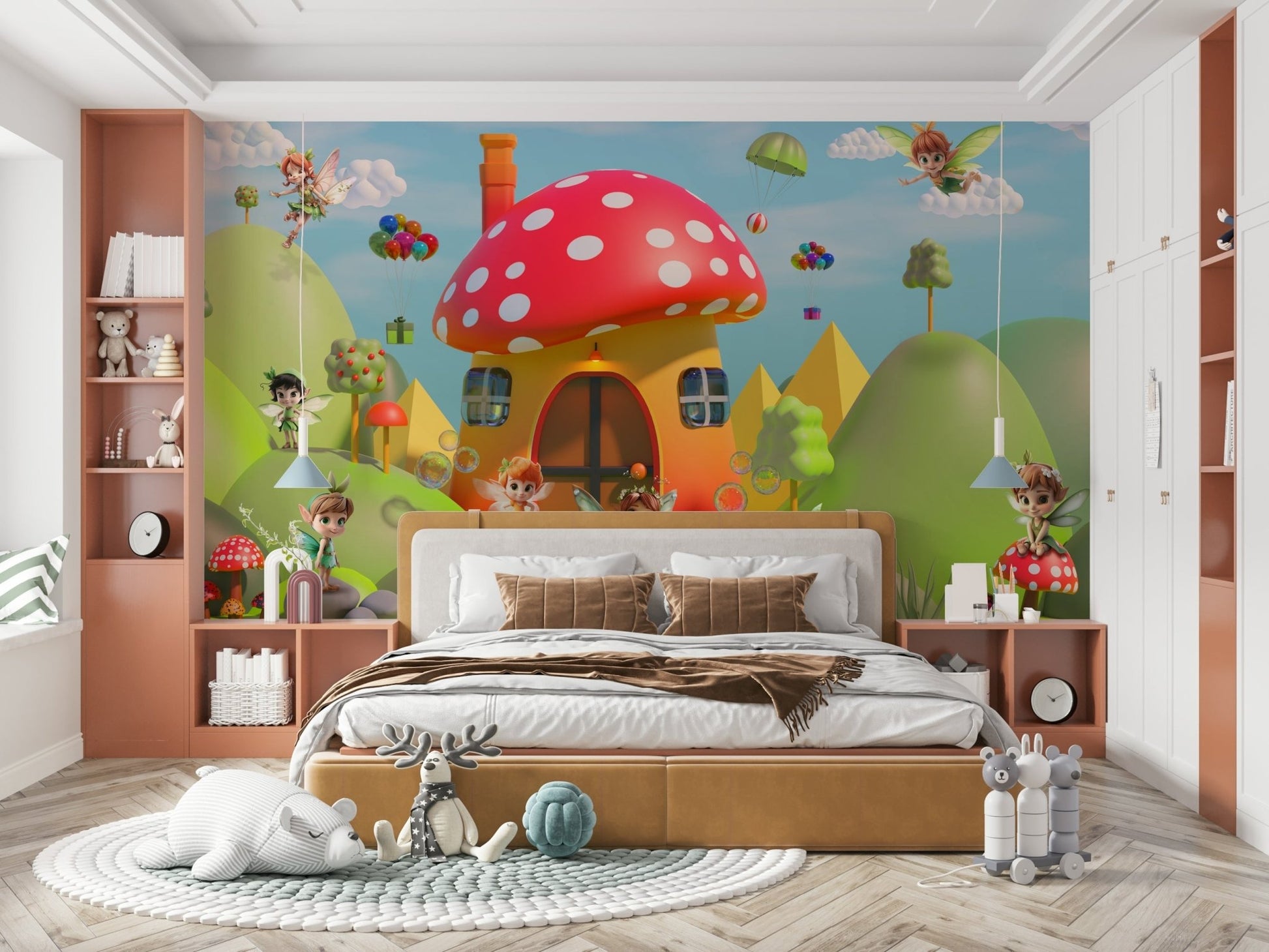 The fairies are shown among lush foliage, glowing mushrooms, and sparkling lights.
