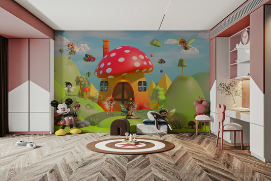 A full-wall mural of a fantastical forest scene.
