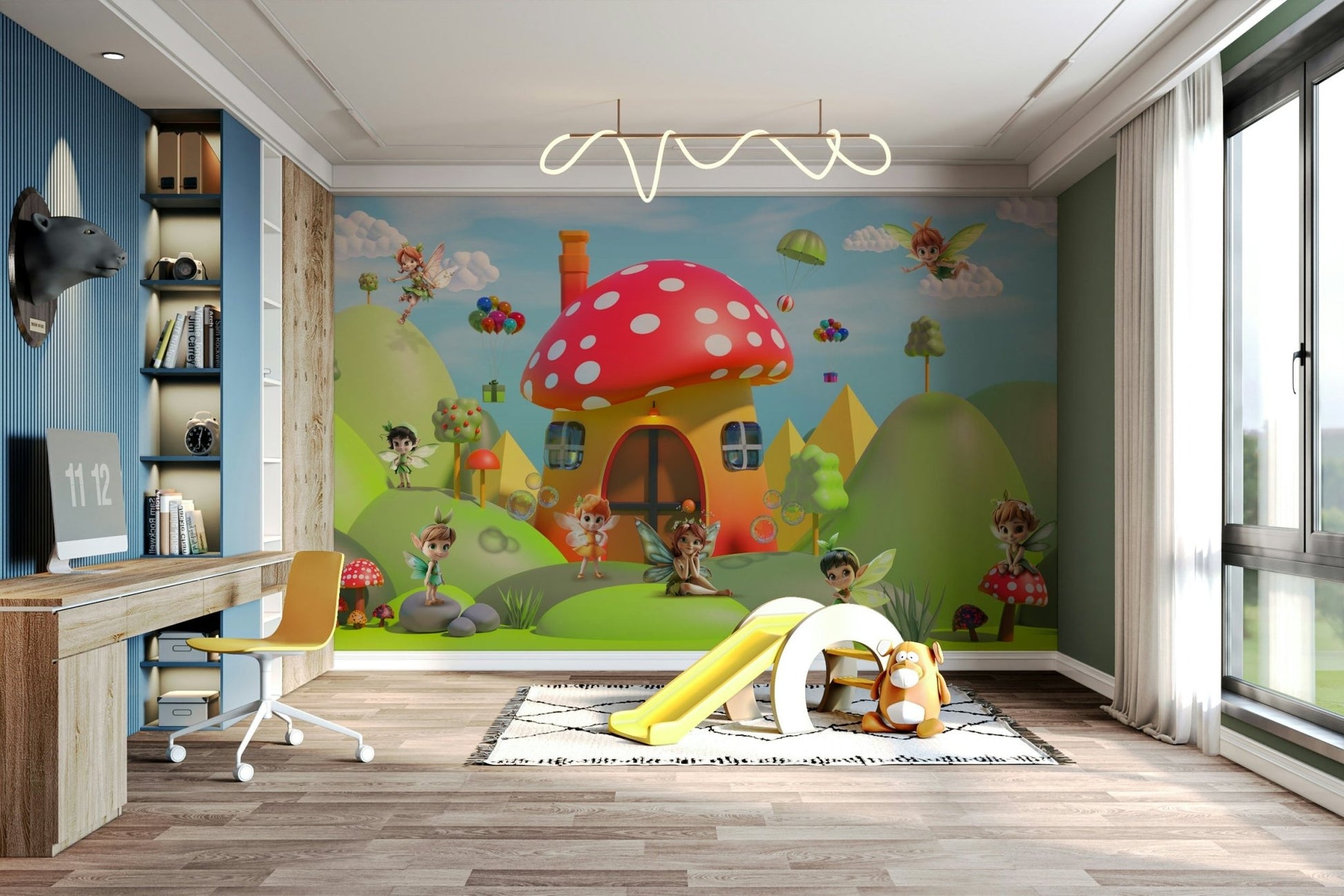 The mural is created for an entire wall, providing an immersive feel.
