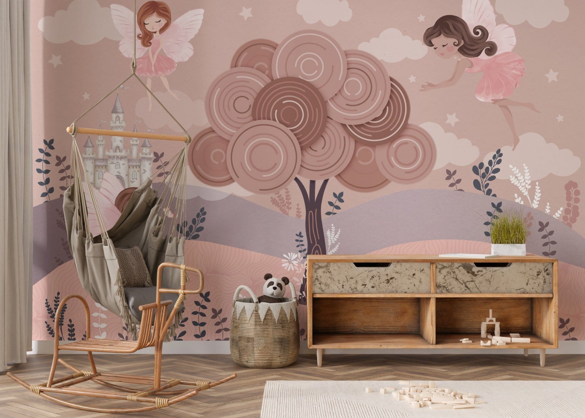 Princess castle scene in soft colors
