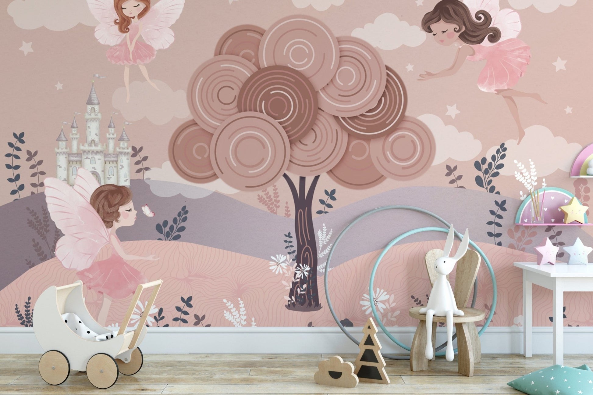 Enchanted fairies and castle wall mural
