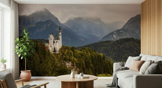 A beautiful fairytale castle wallpaper mural with a whimsical view and vibrant colors.