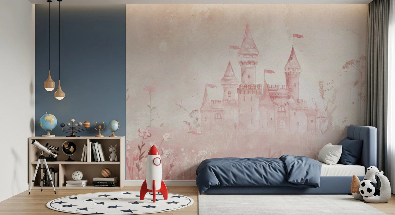 Bedroom styled in Princess Castle pink watercolor wall mural design