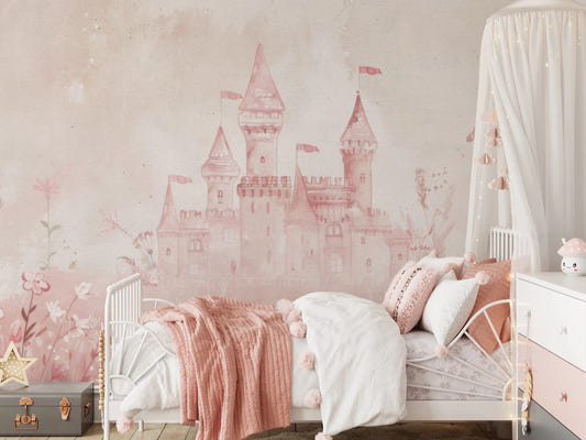 Bedroom with Fairytale Princess Castle pink watercolor wall mural