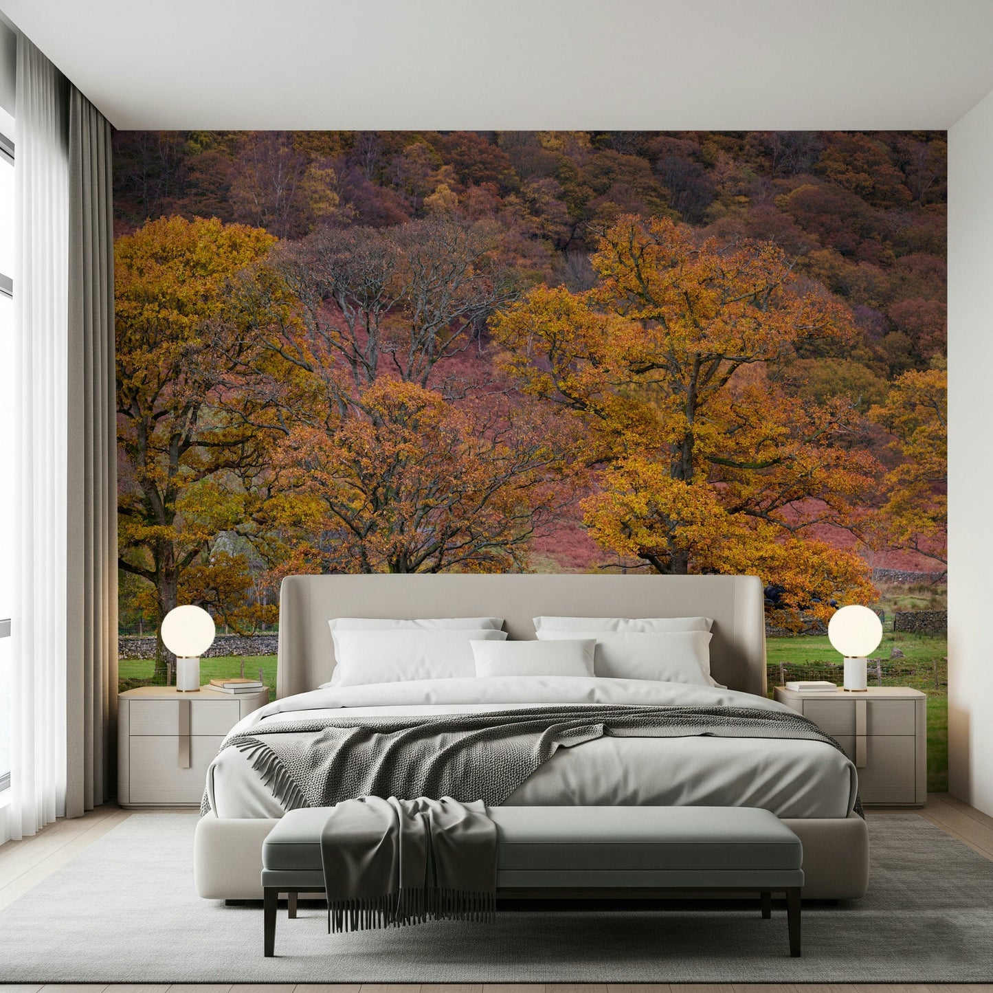 Rustic stone Fall Foliage Retreat Wall Mural wall feature.