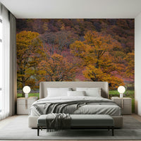 Rustic stone Fall Foliage Retreat Wall Mural wall feature.