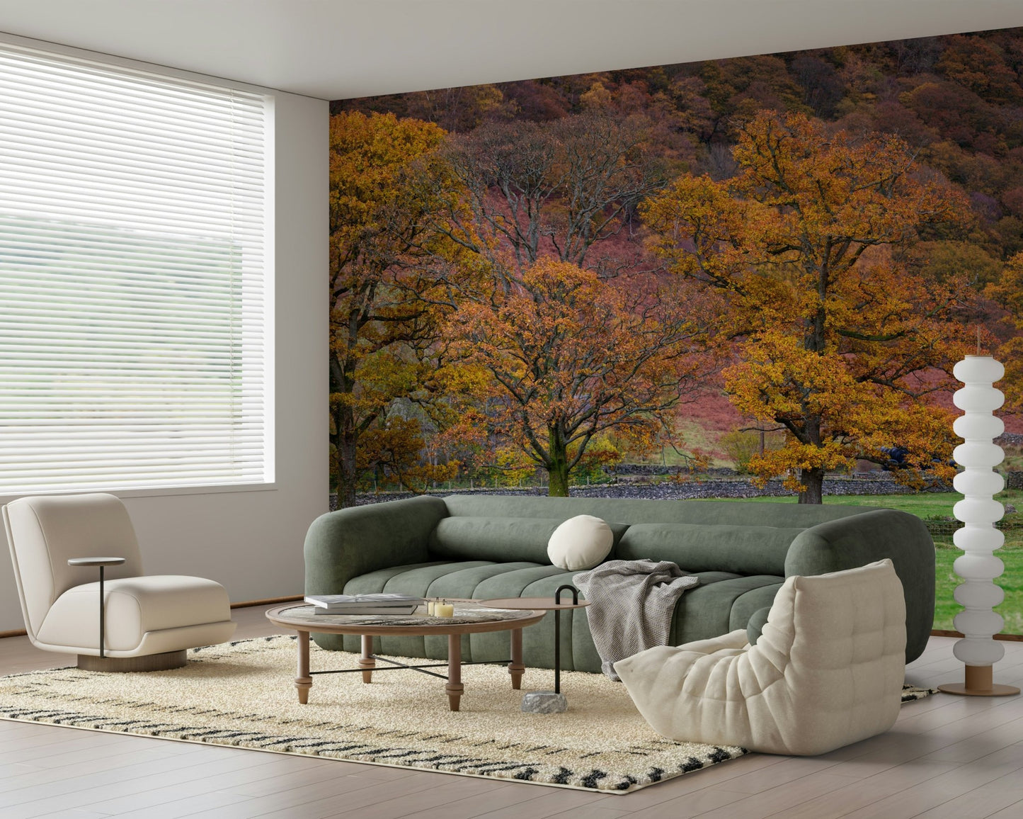 Panoramic fall Fall Foliage Retreat Wall Mural view detail.