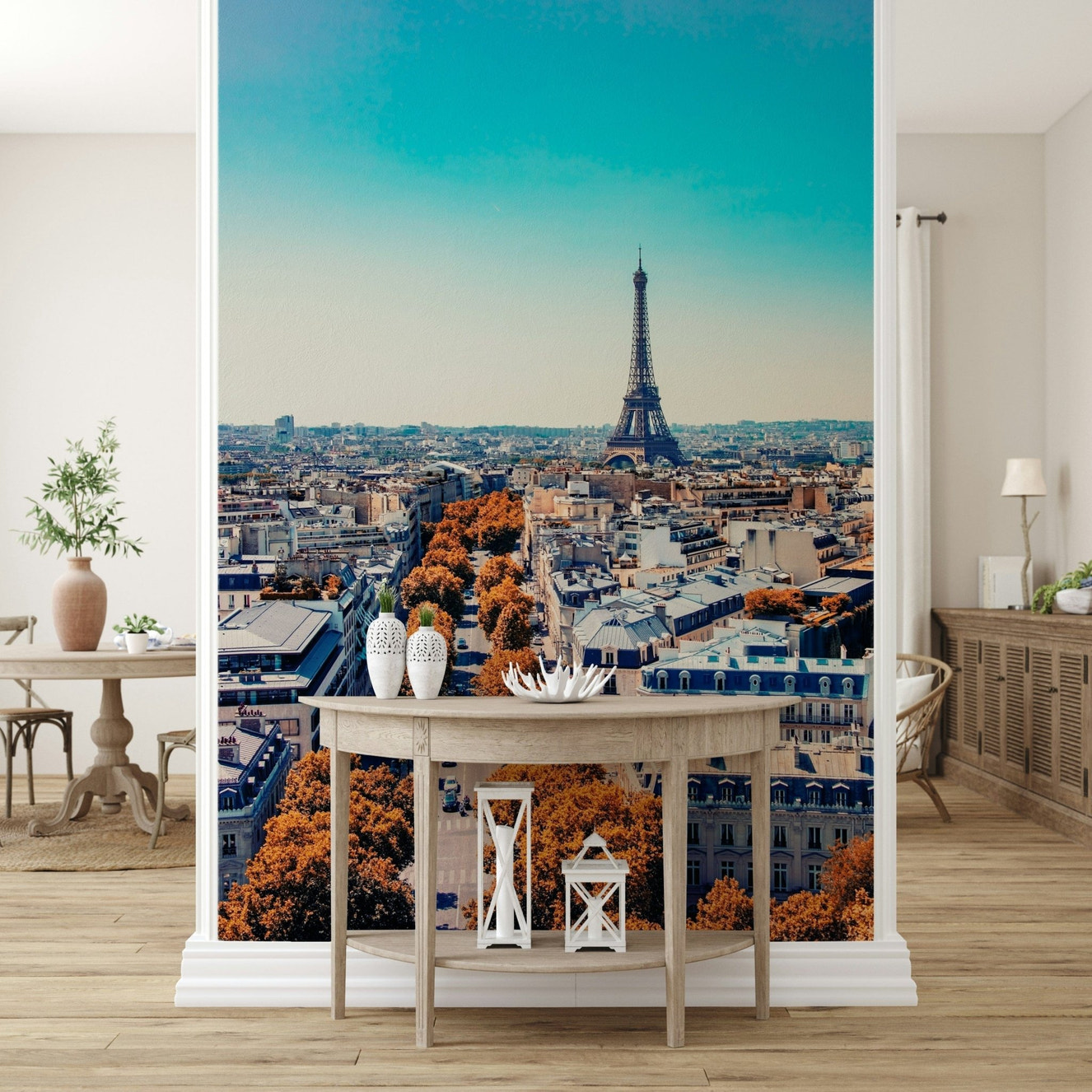 A compact dining nook gains warm travel depth from Fall in Paris Wall Mural