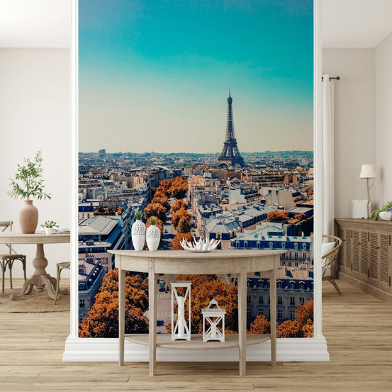 A compact dining nook gains warm travel depth from Fall in Paris Wall Mural, GD7909
