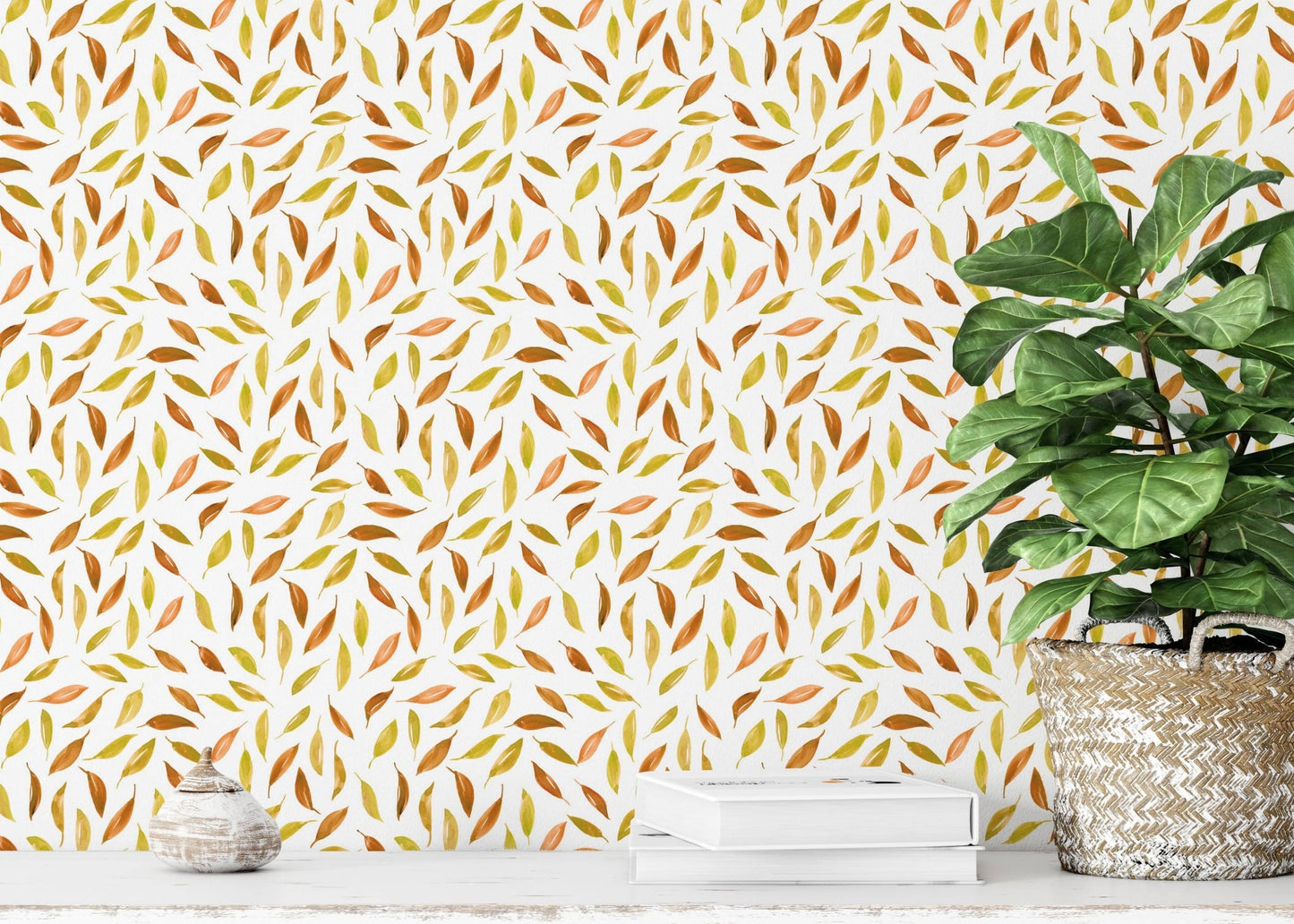 Brown and gold leaves on white base

