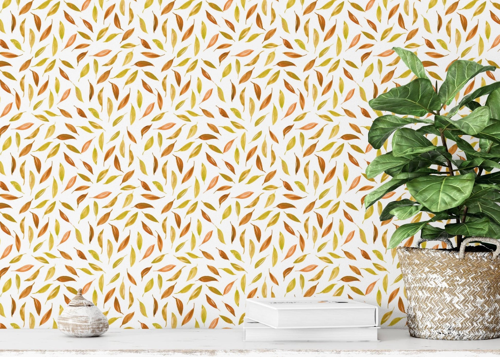 Brown and gold leaves on white base

