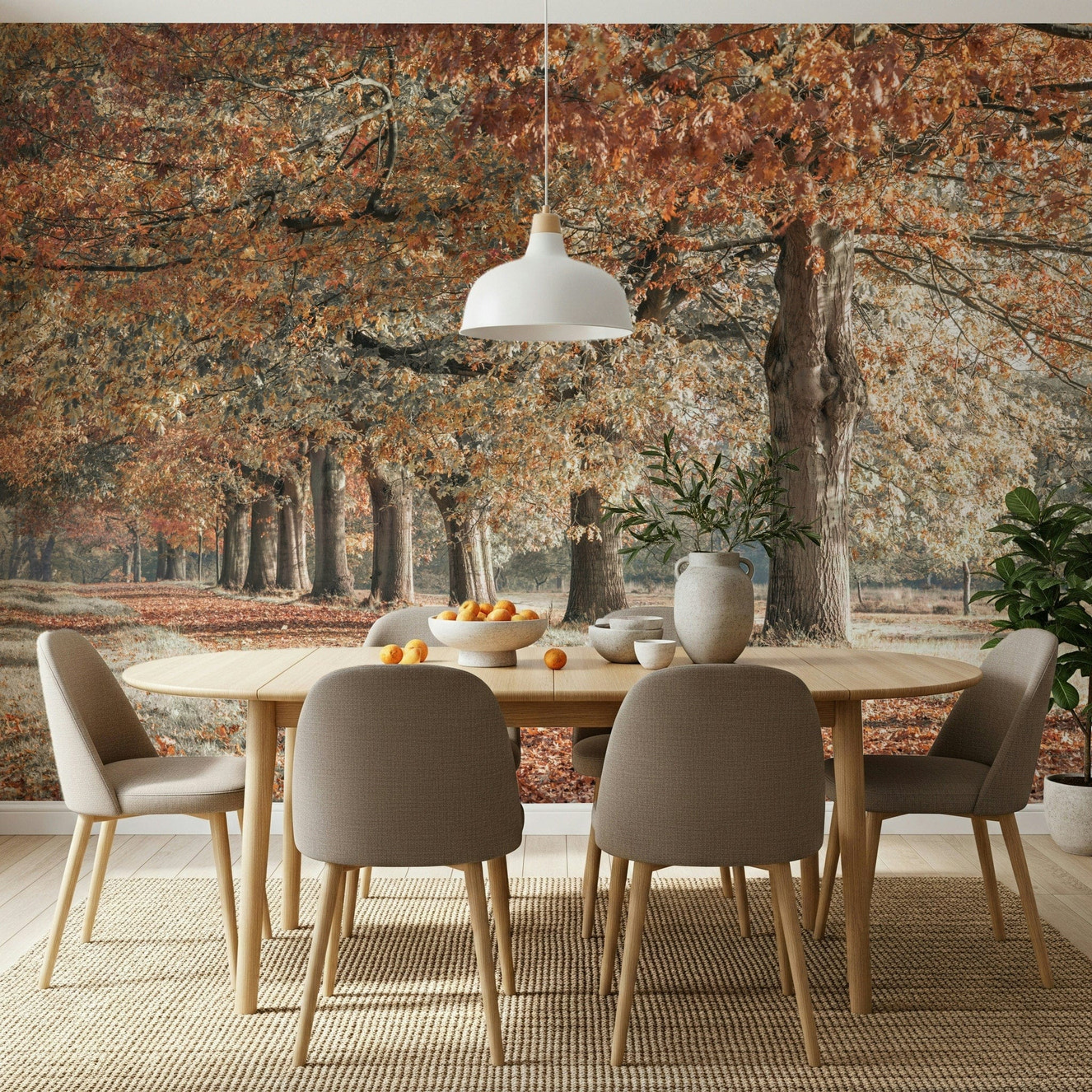 Gigantic Fall Splendor trunks, mural, pathway covered in debris.
