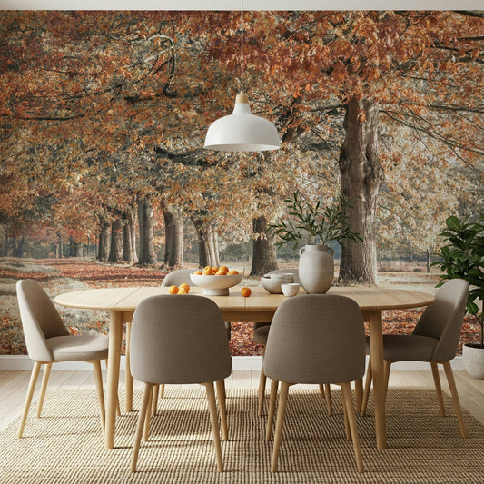 Gigantic Fall Splendor trunks, mural, pathway covered in debris.