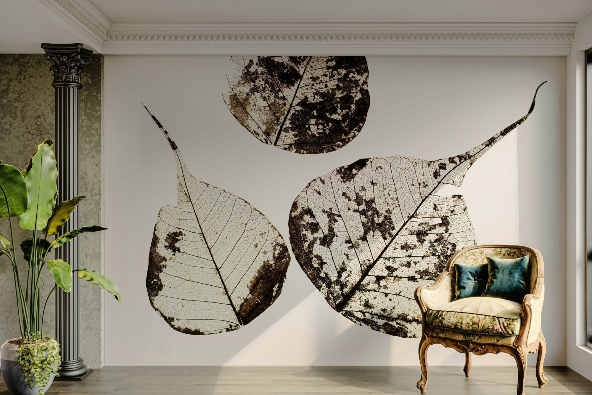 Frail leaf skeletons rest on white in this Fallen Leaves #0 wall mural GD4790
