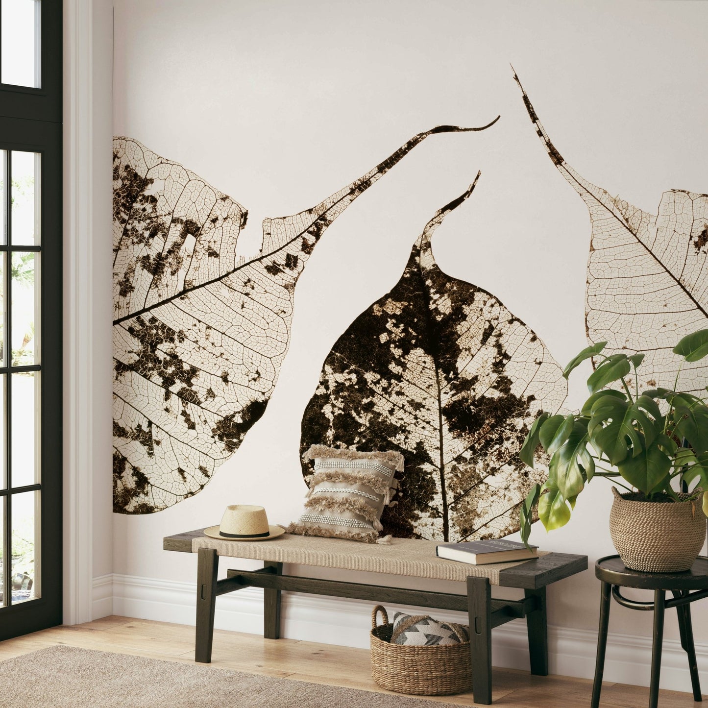 Lacy vein networks fan out over cream and brown, a leaf wall mural GD4789
