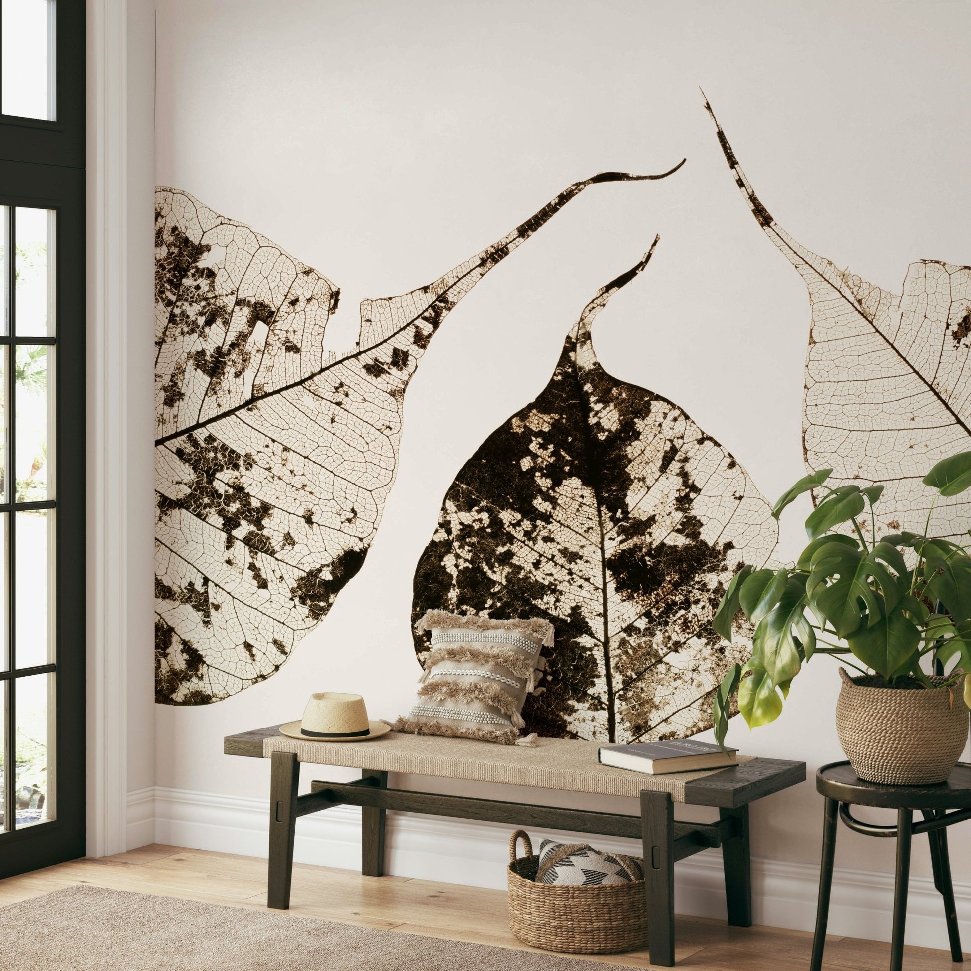 Lacy vein networks fan out over cream and brown, a leaf wall mural GD4789
