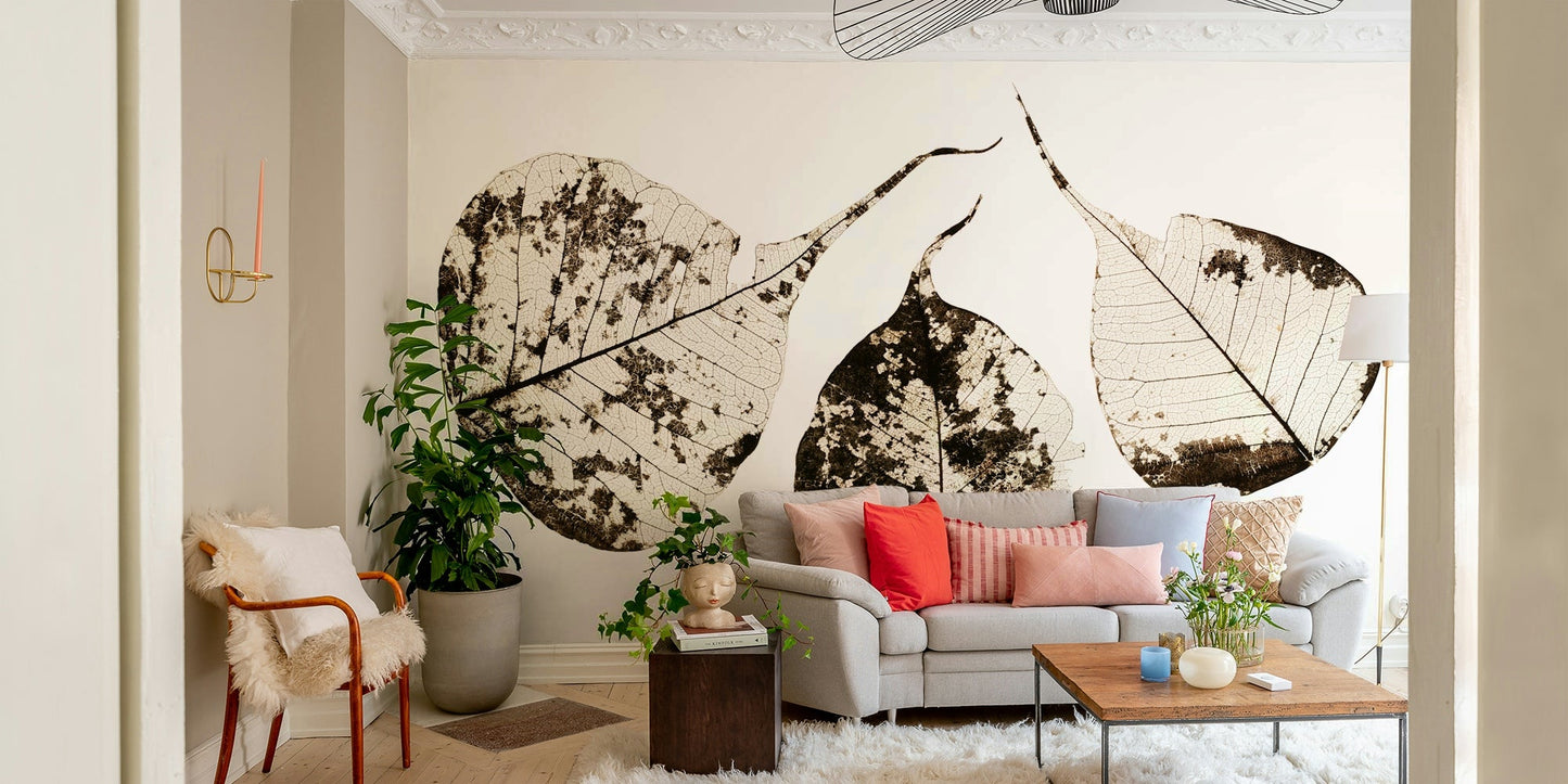 Sepia decay marks three dried leaves in this Fallen Leaves #1 wall mural GD4789
