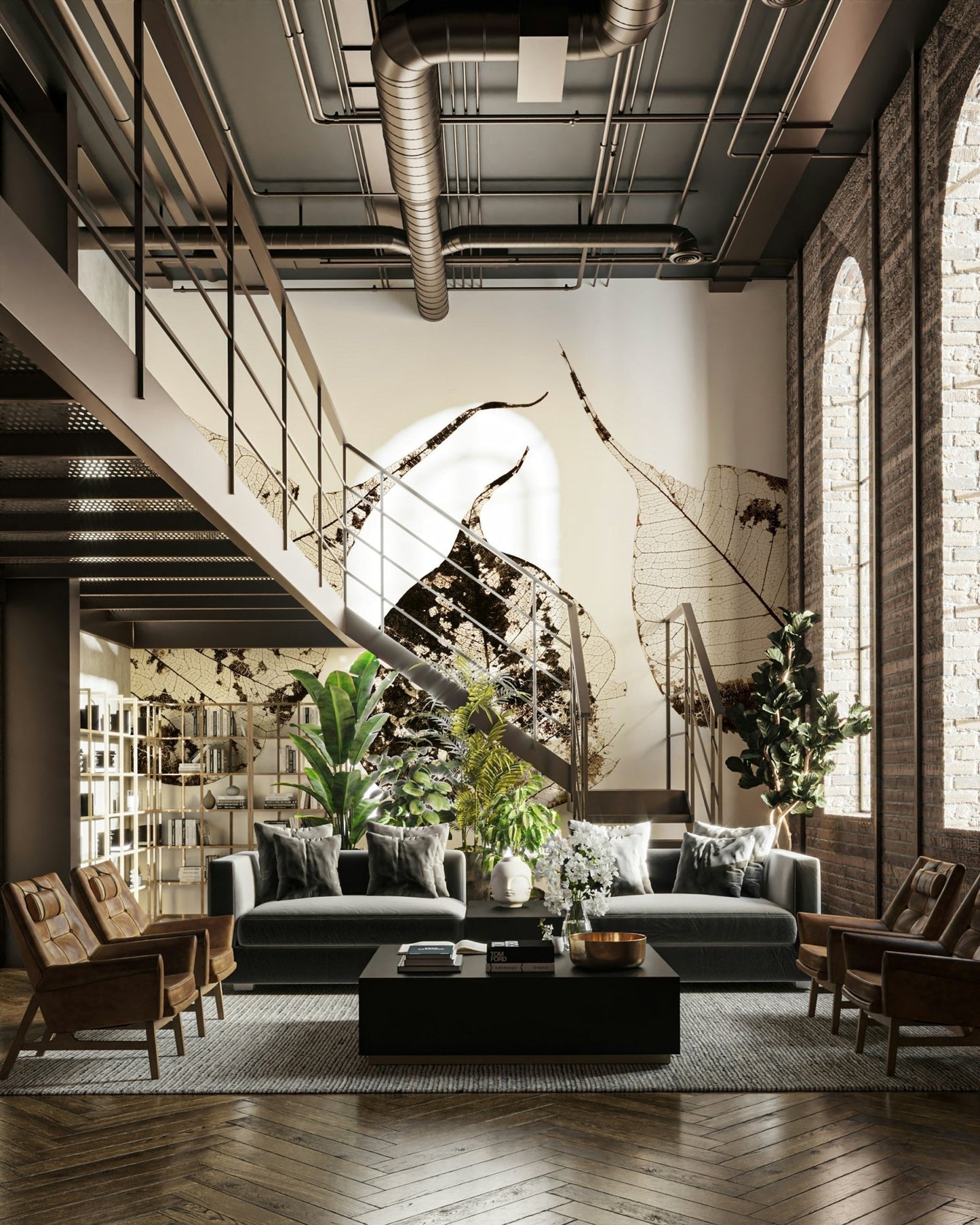 Mottled sepia tones cover the leaf surfaces, a botanical wall mural GD4789
