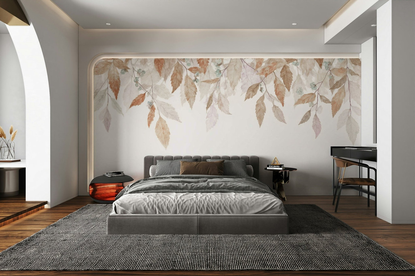 A wall mural of a peaceful falling foliage pattern.

