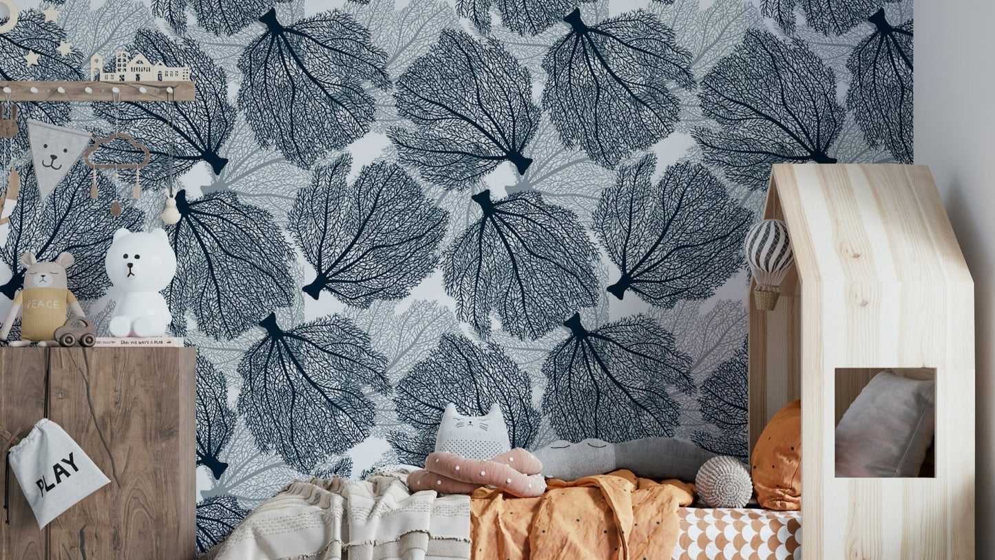 Elegant navy and white fan coral wallpaper design.


