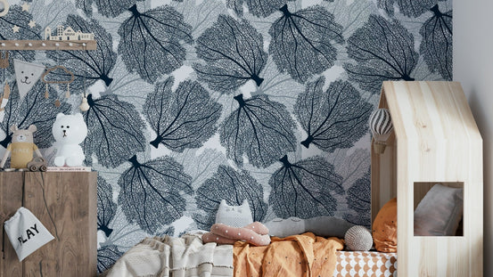 Elegant navy and white fan coral wallpaper design., GD1789