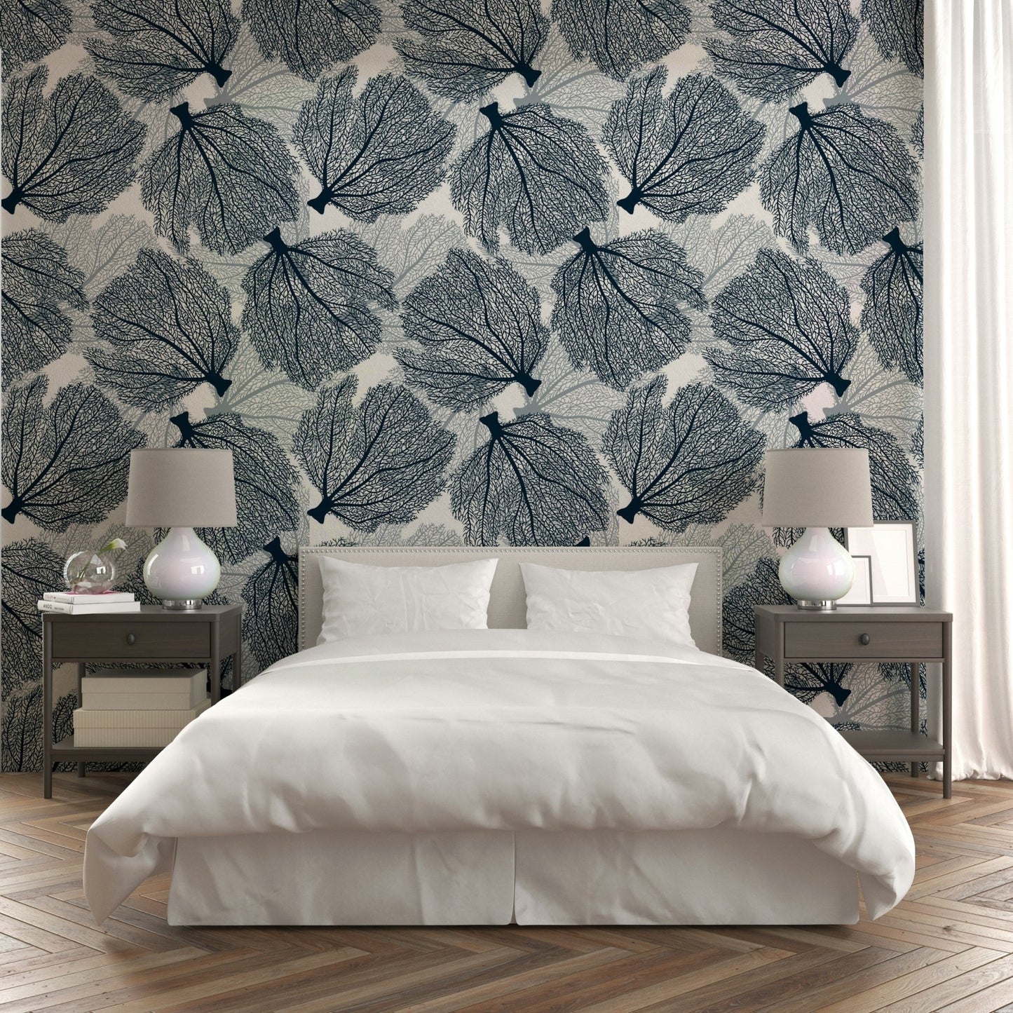 Nautical-inspired navy and white fan coral wallpaper.

