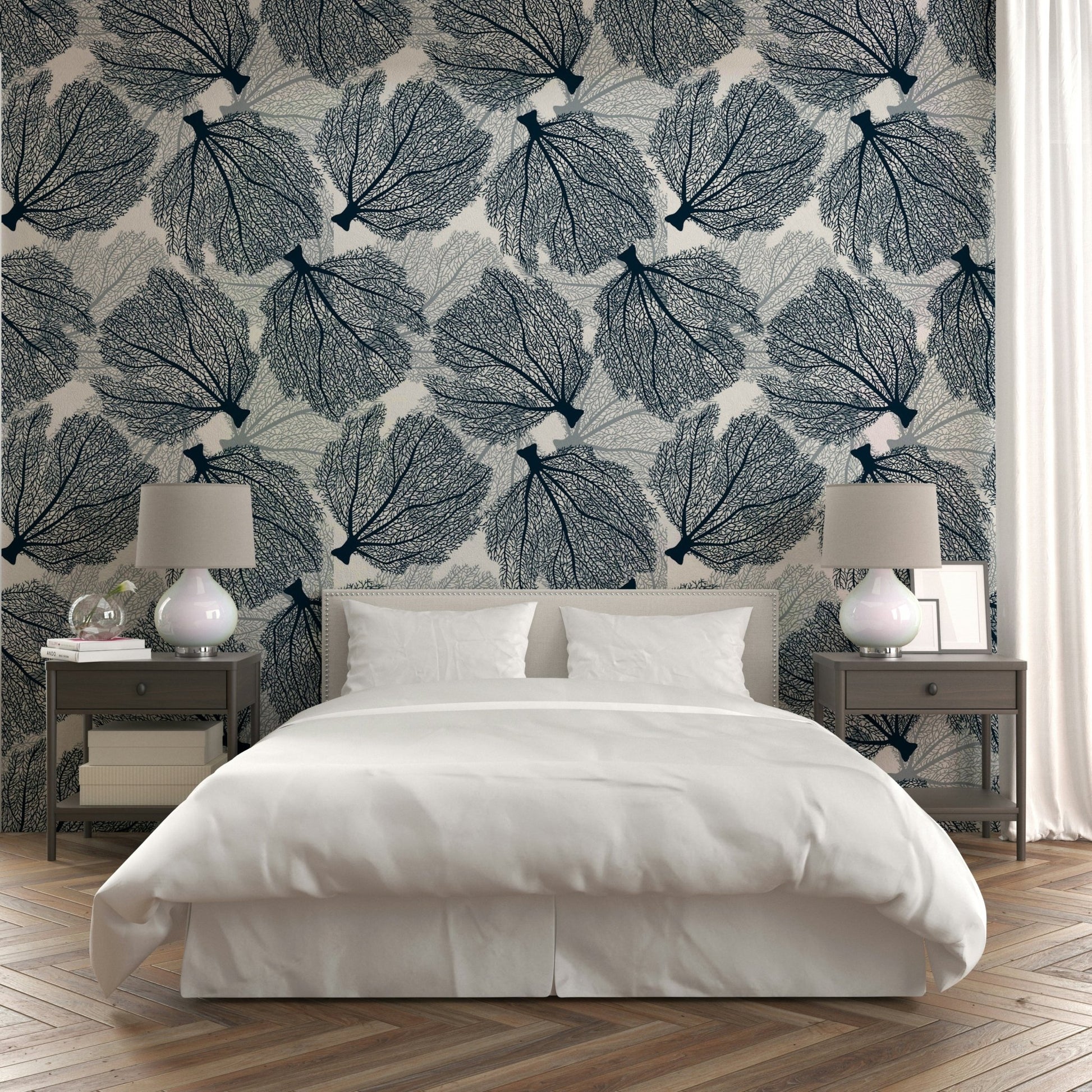 Nautical-inspired navy and white fan coral wallpaper.

